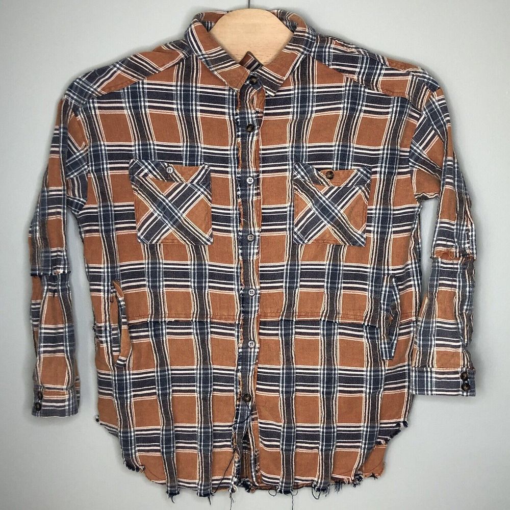 Oli & Hali Women's Large Orange Plaid Distressed Button Up Shacket Shirt Jacket